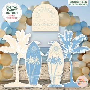 BIG CUTOUTS Baby Shower Boy Boho Baby Shower Party Decor Surfboard Cutout Life Size Cutouts Beach Theme Blue Baby on Board Baby Shower Palm