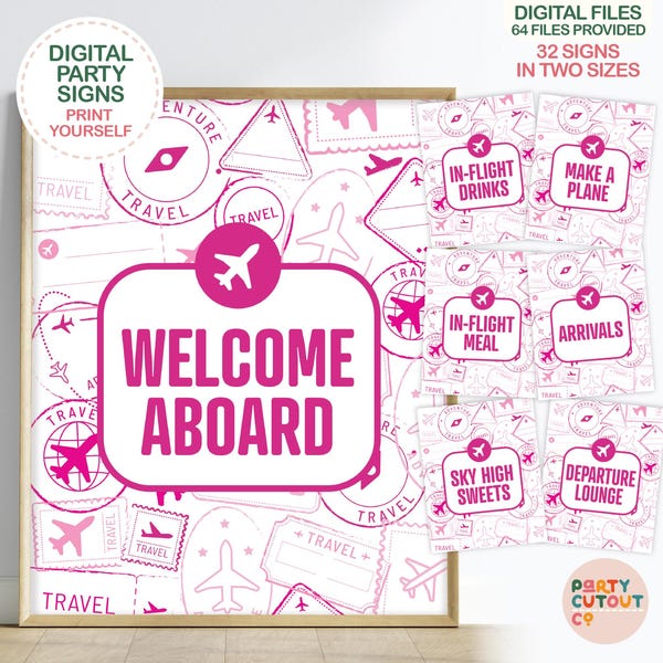 BIG CUTOUT Pink Plane Signs Plane Birthday Table Travel Signs Adventure Awaits Time Flies Aeroplane Signs Travel Party Sign Welcome Aboard