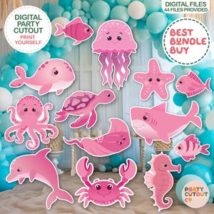 BIG CUTOUT Pink Under the Sea Party Under the Ocean Party Life Size Cutout Standee Shark Whale Seahorse Fish Turtle Crab Octopus Stingray