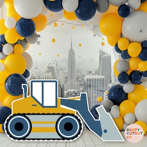 GRAN RECORTE Amarillo Azul Marino Bulldozer Decoración Bulldozer Props Construcción Stand Up Cutout Props Truck Party Cumpleaños Tamaño Natural Cutout Builder