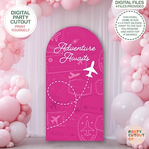 BIG BACKDROP Adventure Awaits Pink Travel Sign Pink Plane Baby Shower Aeroplane Baby Shower Time Flies Party Plane Party Travel Prop Cutout
