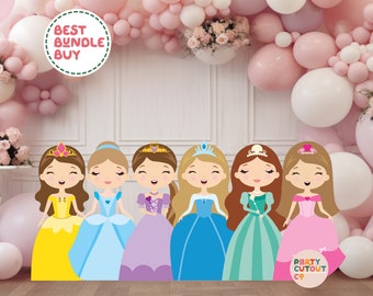 May include: A set of six princess cutout party decorations. The princesses are wearing colorful dresses and crowns. The background is a pink and white balloon arch. The text "BEST BUNDLE BUY" is in a green circle at the top left of the image. The text "PARTY CUTOUT CO" is at the bottom right of the image.