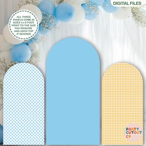 May include: Three arch-shaped panels in blue, light blue, and yellow gingham patterns. The panels are for digital files and come in sizes 1.22 x 2.44 metres. The text on the image says "ALL THREE PANELS COME IN SIZES 4 X 8 FOOT. PRINT TO THE SIZE YOU REQUIRE AND ARCH TOP IF DESIRED."