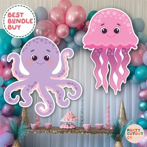 BIG CUTOUT Under the Sea Party Purple Octopus Cutout Pink Jellyfish Cutout Under the Ocean Party Decorations Life Size Cutout Standee
