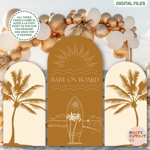 BIG BACKDROPS Beach Theme Baby Shower Party Boho Baby Shower Party Decor Surfboard Cutout Life Size Cutouts Gold Baby on Board Baby Shower
