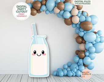 May include: A printable party cutout of a cartoon milk bottle with a straw and a smiling face. The bottle is light blue with white milk inside. The background is a blue and brown balloon garland.