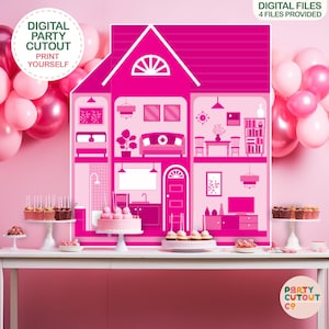 Puede incluir: Decoración de fiesta rosa con forma de casa con detalles interiores, rodeada de globos rosas y postres sobre una mesa blanca. El texto "DIGITAL PARTY CUTOUT PRINT YOURSELF" es visible.