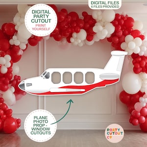 Könnte beinhalten: Ein weiß-roter Flugzeug-Ausschnitt mit einem rot-weißen Ballonbogen. Das Bild enthält den Text "Digital Party Cutout" und "Plane Photo Prop-Window Cutouts". Das Bild enthält auch den Text "Digital Files 6 Files Provided".