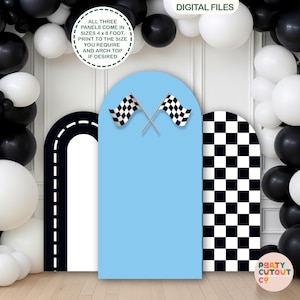 BIG BACKDROP Blue Racing Wall Prop Racing Car Backboard Race Track Photo Backdrop Arch Board Black and White Checkers Prop Racing Backdrop