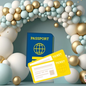 Découpe voyage Party bleu passeport et billets d'embarquement Découpe de billet d'avion Fête d'adieu, aventure qui vous attend, thème du voyage Découpe grandeur nature