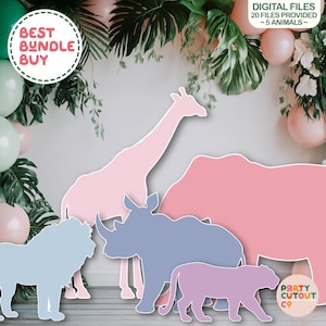 BIG CUTOUT Safari Animals Pastel African Animal Cutout Prop Baby Shower Decor Party Prop Lion Rhino Giraffe Cheetah Elephant Cutout Pink
