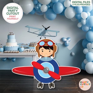 Avión recortable grande para fiesta de cumpleaños de un niño en una decoración de avión. Avión de hélice recortable para fiesta de cumpleaños. Ideas para aviones. Piloto recortable de tamaño real. Piloto volador.