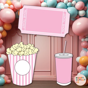 BIG CUTOUT Pink Movie Cutout Movie Popcorn Props Drink Cutout Movie Ticket Prop Stand Up Cutout Props Birthday Party Decor DIGITAL