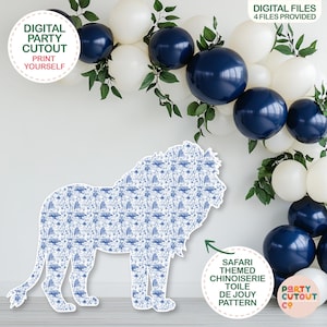 BIG CUTOUT Blue Chinoiserie Toile de Jouy Lion Blue Toile Safari Animals Lion Cutout Prop Baby Shower Decor Lion Toile Party Prop Floral