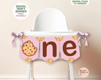 HIGH CHAIR BANNER Pink Cookie Banner for First Birthday One Bunting Cookie Decoration Cookie Birthday Ideas Girls One Sweet Cookie Birthday