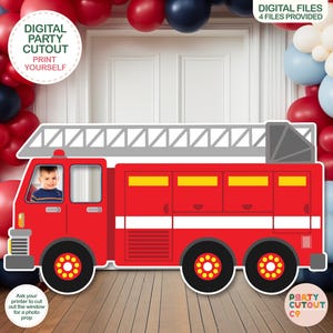 May include: Red fire truck photo booth prop with a ladder on top and a window for a photo. The truck has white stripes and yellow details. The text "Digital Party Cutout" and "Print Yourself" is on a green circle in the top left corner. The text "Digital Files 4 Files Provided" is in the top right corner.