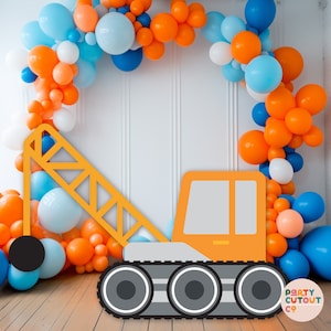 GRAN RECORTE Decoración de grúa amarilla Accesorios de grúa naranja Construcción Soportes de recorte de pie Fiesta de camión Cumpleaños de niño Recorte de tamaño natural Standee