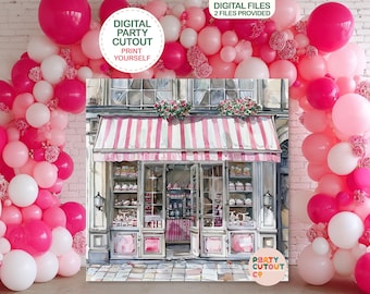 May include: A digital party cutout featuring a watercolor illustration of a French bakery with a pink and white striped awning. The image is surrounded by pink and white balloons, with text that reads "Digital Party Cutout Print Yourself".