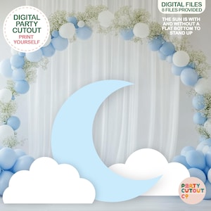 May include: A blue and white balloon arch with a white backdrop. The arch is decorated with baby's breath. The backdrop has a large blue crescent moon and two white clouds. The text "DIGITAL PARTY CUTOUT PRINT YOURSELF" is in a green circle at the top left of the image. The text "DIGITAL FILES 8 FILES PROVIDED THE SUN IS WITH AND WITHOUT A FLAT BOTTOM TO STAND UP" is in a green rectangle at the top right of the image. The text "PARTY CUTOUT CO" is in a pink circle at the bottom right of the image.