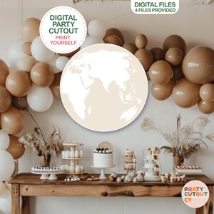 May include: A party scene with a wooden table laden with desserts and a cake. Balloons in white and various shades of brown form an arch. A large, round cutout of the Earth is in the center. Text reads "DIGITAL PARTY CUTOUT PRINT YOURSELF".