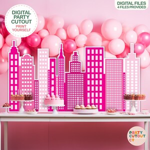 BIG CUTOUT Girl Super Hero Party Super Hero Buildings Super Hero Party Ideas Cutout Superhero Party Decor Pink Cityscape Buildings Cutout