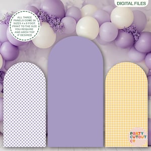 May include: Three arch-shaped panels in lavender, gingham, and solid colors, suitable for digital printing. The panels are designed to be 4 x 8 feet, with an arch top option. The image includes text that says "DIGITAL FILES" and "PARTY CUTOUT CO."