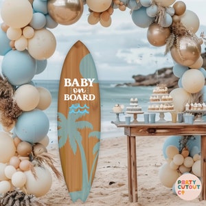 BIG CUTOUT Blue Surfboard Beach Party Boy Boho Beach Baby Shower Surfboard Decor Baby On Board Surfing Life Size Cutout Beach Photo Prop