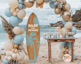 BIG CUTOUT Blue Surfboard Beach Party Boy Boho Beach Baby Shower Surfboard Decor Baby On Board Surfing Life Size Cutout Beach Photo Prop