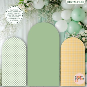 Puede incluir: Tres paneles en forma de arco en un archivo digital. Los paneles miden 1,2 x 2,4 metros. Un panel es verde liso y dos tienen patrones de cuadros vichy en verde claro y amarillo. El texto dice "ALL THREE PANELS COME IN SIZES 4 X 8 FOOT. PRINT TO THE SIZE YOU REQUIRE AND ARCH TOP IF DESIRED."