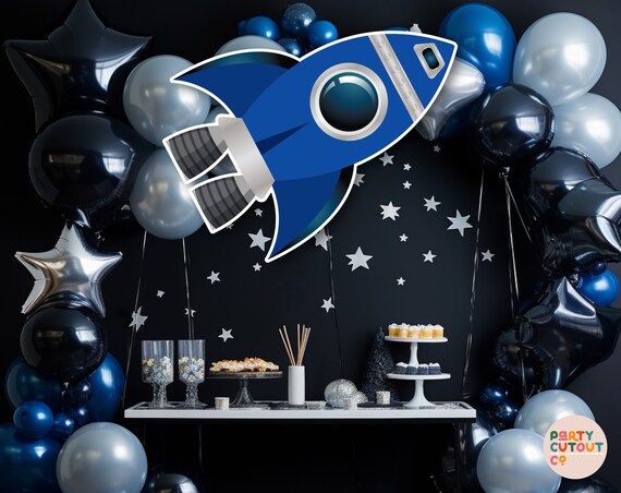Katchon 33 Inch Blue Rocket Balloon - Outer Space Party Decorations With Ribbon & Straw