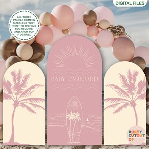 BIG BACKDROPS Beach Theme Baby Shower Girl Boho Baby Shower Party Decor Surfboard Cutout Life Size Cutouts Pink Baby on Board Baby Shower
