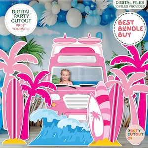BIG CUTOUT Pink Beach Party Pink Surfboard Surf Birthday Party Pool Party Campervan Prop Palm Tree Prop Surfboard Prop Wave Cutout Hot Pink