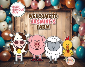 Könnte beinhalten: Willkommen zur Farm-Party von Jasmine. Das Set enthält eine Kuh, ein Schwein, ein Schaf und ein Huhn. Die Tiere sind im Cartoon-Stil gehalten und haben freundliche Gesichter. Der Hintergrund ist eine Holzwand mit Ballons und Konfetti.