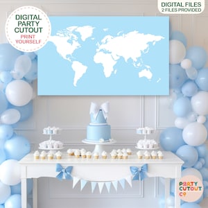 BIG BANNER World Map Travel Party Blue Plane Party Map Cutout World Flights Blue Map Poster Planet Sign Life Size Poster Adventure Awaits