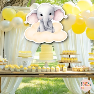 BIG CUTOUT Elephant Baby Shower Decor Baby Elephant sitting on a Yellow Cloud Elephant Neutral Baby Shower Party Life Size Cutout Standee
