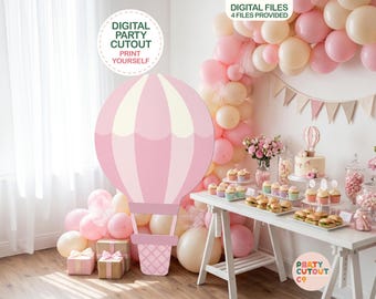 May include: A large pink and white hot air balloon cutout dominates the scene, with the text "DIGITAL PARTY CUTOUT PRINT YOURSELF". The party setting features a table laden with cupcakes, sandwiches, and a cake, all in pink and white. Balloons and gifts add to the celebratory atmosphere.