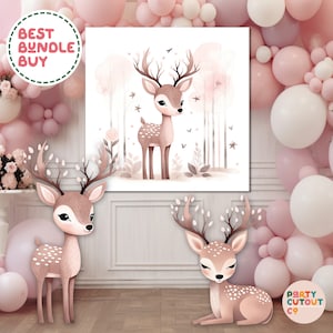 BIG CUTOUTS Woodland Pink Reindeer Decoration Deer Backdrop Banner Deer Cutout Deer Baby Shower Party Ideas Pink Reindeer Pink Deer Fawn
