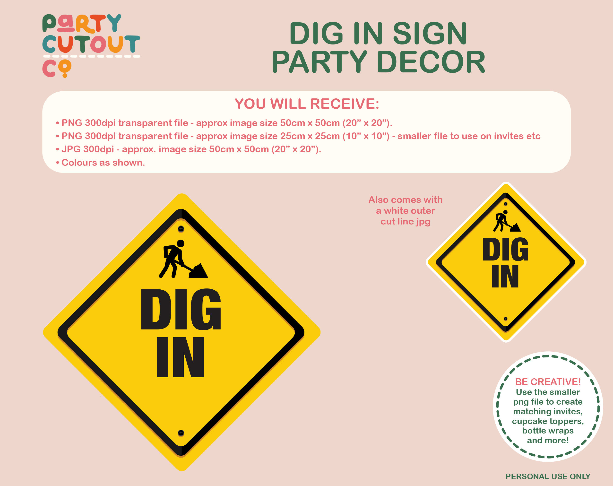 Dig In Sign BIG CUTOUT SIGN Orange Dig in Sign Construction Party Sign Truck Prop ...