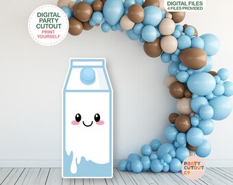 May include: A light blue milk carton cutout with a smiling face and a white milk spill design. The cutout is part of a digital party set, with the text "Digital Party Cutout Print Yourself". A balloon arch in shades of blue, brown, and beige is in the background.