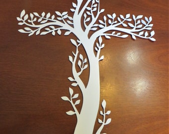 17" Olive Branch Cross Metal Wall Art in Pearlescent White