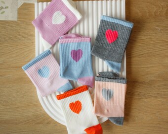 Colorful Heart Socks 6 Pairs, Socks for Women, Hiking Socks, Winter Socks, Fall Socks, Pastel Colors Socks, Funny Socks, Cotton Socks