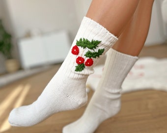 Wool Christmas Socks Hand Embroidered Wool Socks Women Perfect for Spring Hiking Christmas Gift Embroidered Socks Ragg Wool Socks Sheep Wool