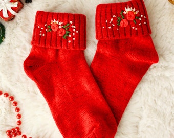 Christmas Wool Socks Thick Wool Socks Hand Embroidered Wool Socks Funny Socks Cool Socks Handmade Gift Socks Casual Sock Wool Socks Handmade