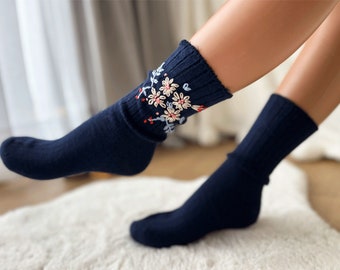 Wool Socks Hand Embroidered High Quality Knitting Wool Socks Compression Socks Dark Blue Christmas Socks Snuggs Cozy Socks Fall Art Socks