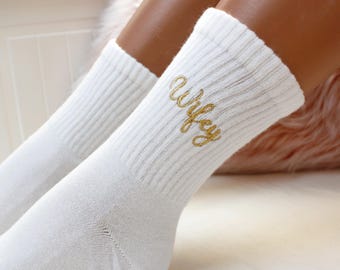 Personalized Bride Socks, Custom Embroidered Wedding Socks, Wifey Socks, Bridal Party Sock, Bridesmaid Gift Sock, White Crew Sock, Gift Sock
