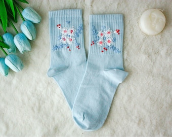 Hand Embroidered Women Socks, Floral Embroidery Socks, Handmade Fall Socks, Something Blue Socks, Terracotta Socks, Autumn Socks, Cool Socks