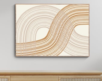 Könnte beinhalten: Abstrakter Kunstdruck mit einem braunen und beigefarbenen geometrischen Muster aus sich überlappenden geschwungenen Linien. Der Druck ist in einem hellen Holzrahmen gerahmt.