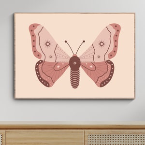 Butterfly in Boho Illustration Art Prints, Horizontal Aesthetic Bohemian Print, Boho Butterfly Modern Art, Minimalist Style Insect Wall Art