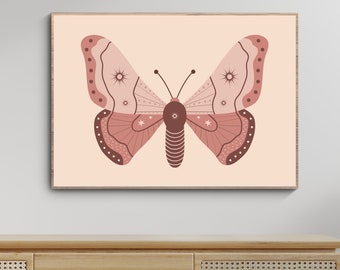 Butterfly in Boho Illustration Art Prints, Horizontal Aesthetic Bohemian Print, Boho Butterfly Modern Art, Minimalist Style Insect Wall Art