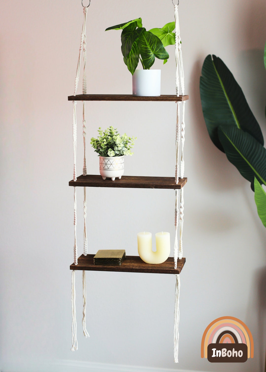 Boho Hanging Shelf Wall Decor Three Tier Macrame Shelves in Color